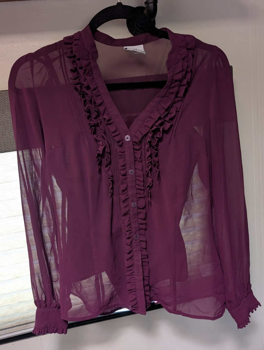 Worthington Sheer Top Petite Small Burgundy Ruffle Button-Front Blouse Office